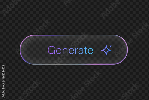 Holographic generate button with a glass effect on a transparent background. user interface design and modern web applications. 