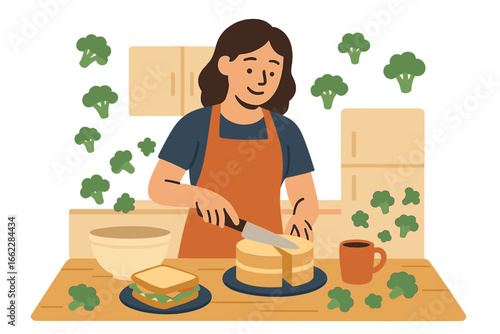 Female character preparing homemade meal, cooking tasty dishes in a home flat, depicted in a vector illustration of a woman cooking at home
