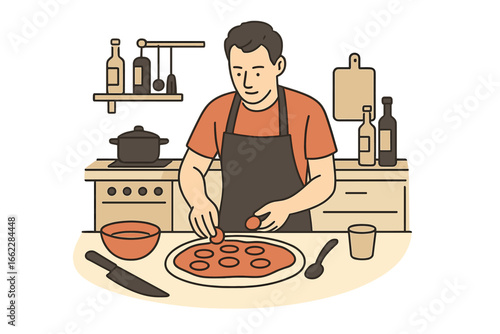 A young man is baking at home, rolling out dough with a rolling pin to make various sweets, desserts, and pastry treats in a daily household task