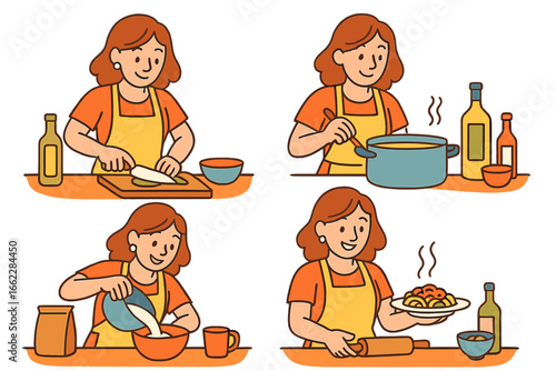 Illustrations of adorable characters cooking, chopping vegetables, and baking in a minimalist line style on a vibrant background, depicting a homemade kitchen setting in hand-drawn vector art