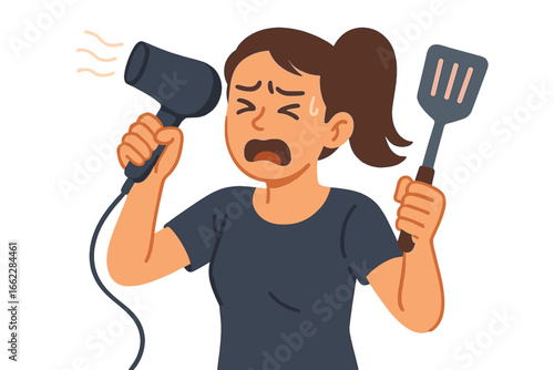 Young crazy angry woman cartoon character in apron cooking with cookware in hands over red background vector illustration represents the concept of a crazy housewife at home