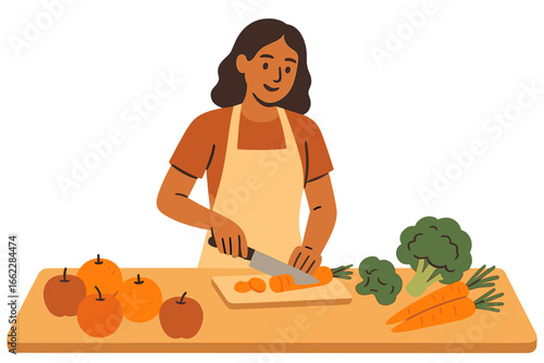 Wellness and nutrition inspiration through modern kitchen design and a woman wearing a colorful apron while preparing fresh vegetables at home for healthy cooking