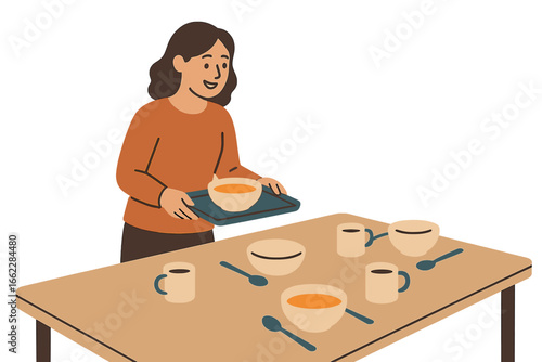 Illustrated Vector Graphic Depicting a Mother Setting the Dinner Table in Her Home Kitchen