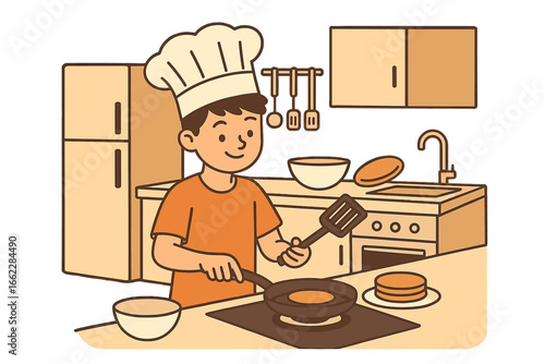 Modern kitchen interior design background with pile of pancakes on plate, happy kid in hat and apron making sweet food, little boy cooking pancakes on pan at home, vector illustration