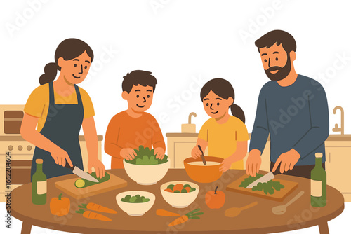 A family gathers in their home kitchen to cook together, sharing happy times with parents and siblings as they prepare lunch, breakfast, or dinner in a cozy vector scene