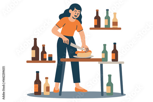 A happy family, including a cartoon mom and daughter, are depicted cooking food together in the kitchen, symbolizing the younger generation spending quarantine at home during the summer in a flat