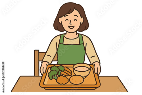 Vector illustration of happy housewife cooking a meal at home, a smiling woman in an apron holding a tray with delicious baked food, representing diet and nutrition