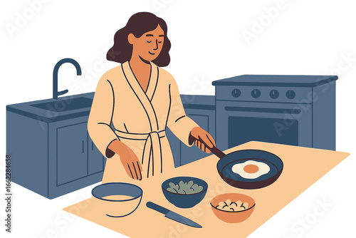 Housewife in bathrobe performs multiple household tasks at home, busy with various kitchen chores in a vector illustration