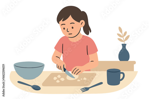 A cheerful young girl wearing an apron is happily preparing a cake in the kitchen, depicted in a vector illustration of a household leisure activity