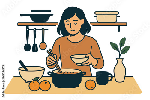 A woman is preparing a traditional Asian dish by cooking dumplings in her home kitchen