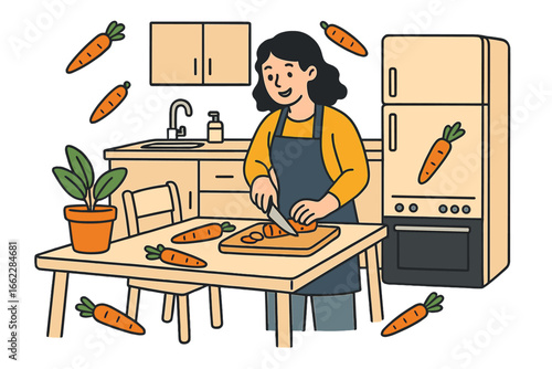 Vector set depicting a young woman cooking a meal and preparing food in her kitchen at home