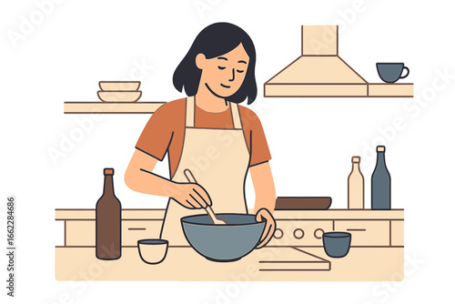 Flat cartoon vector illustration of a young cute female character cooking a dish at home with a pot on a white background, representing people of different backgrounds attempting to cook alone at