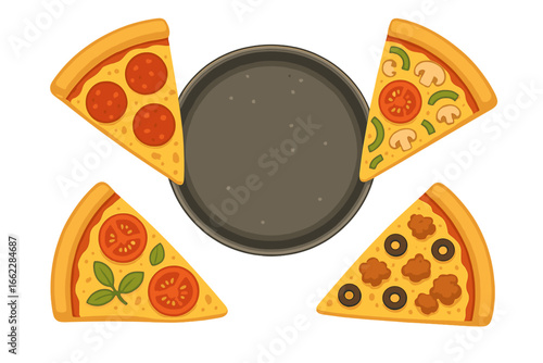 Flat vector illustration of a set of pizza ingredients isolated on a white background, representing a modern design concept for a home pastime