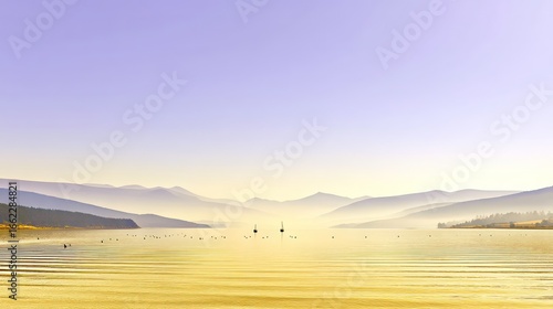 Serene lake vista bathed in soft morning light, featuring a tranquil landscape of hazy mountains reflected in the still water.