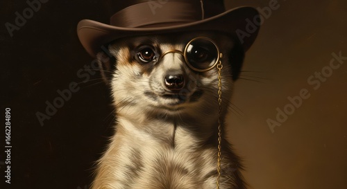 A stylized portrait of a meerkat wearing a top hat and monocle, showcasing a sophisticated and artistic rendering in warm tones.