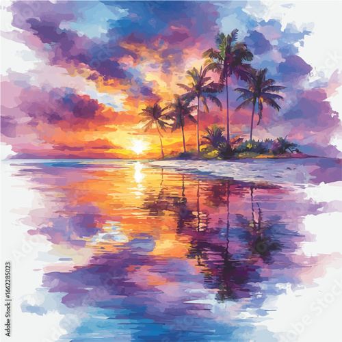 Tropical Beach Summer Sunset, watercolor painting vector, isolated on a white background.
