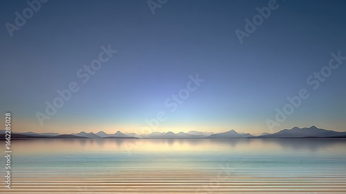 A serene, tranquil vista of a still lake reflecting a range of mountains at sunrise, showcasing soft pastel hues and a gentle horizon line.