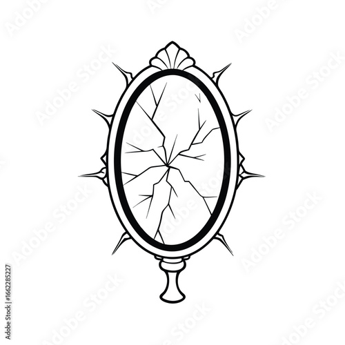 Spooky haunted mirror with delicate cracks line art doodle illustration