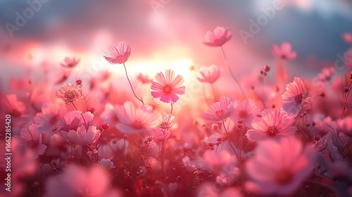 A vibrant field of cosmos flowers bathed in the warm glow of a sunrise, showcasing delicate petals and soft, rosy hues.