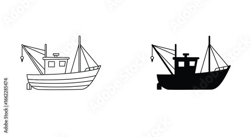 Fishing Boat Icon in Black and White