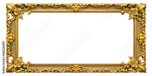 Ornate Gold Picture Frame with Floral Embellishments and Green Accents photo isolated on a transparent background