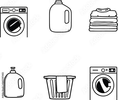 A laundry themed illustration with washing machines, detergent, and a basket of clothes on a white background