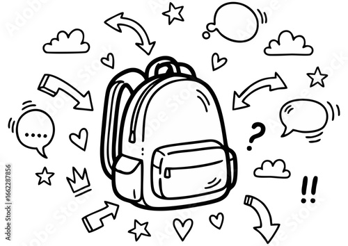 Black silhouette of a backpack on white background for travel and school concept
