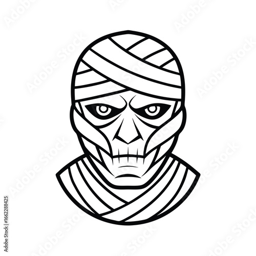 Close up line art outline of a mummy face on a white background