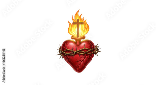 A flaming heart with a cross and crown of thorns on a black background digital illustration art