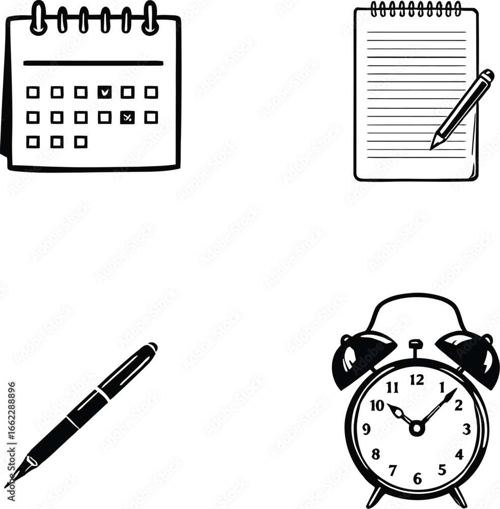 Fototapeta premium A set of four black and white icons depicting a calendar, notebook, pen, and alarm clock on white background