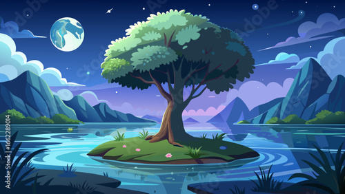 A solitary tree stands at night upon a tranquil lake island, moonlight shimmering gently, water reflecting serenity, quiet shadows weaving calm, timeless stillness captured through realistic vector ar