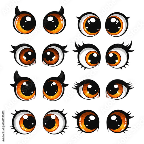 Illustration of collection of cute cartoon eyes with orange and brown irises, black pupils, and eyelashes, some with small horns, isolated on transparent background