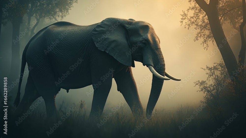 Fototapeta premium Majestic Elephant in the Misty Forest. The image depicts a majestic African elephant standing in a misty, atmospheric forest environment. The elephant's large, powerful frame is silhouetted against th