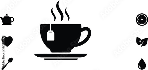 A steaming cup of tea with tea bag on a saucer