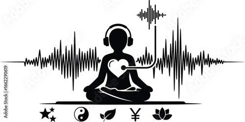 Zen meditation silhouette with sound waves and headphones, spiritual yoga person listening to heart beat frequency, black and white wellness vector