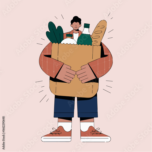 Vector illustration of man carrying grocery bag with bread bottle and vegetables for food shopping trip at store