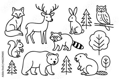 Line art vector of forest animals, simple shapes, white background