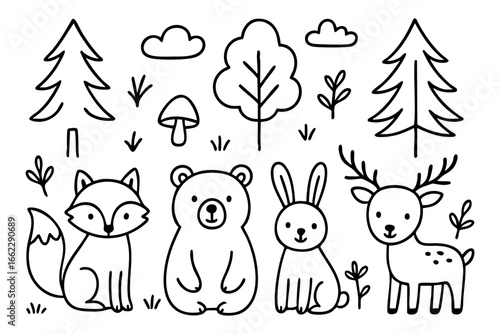 Line art vector of forest animals, simple shapes, white background