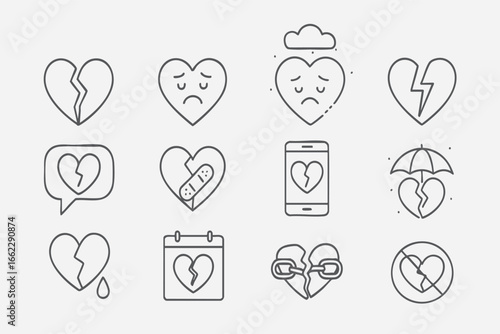Linear icon set about broken hearts: sadness, crying, smartphone, bandage, calendar, padlock, and umbrella. Minimalist style, perfect for love, breakup, heartbreak, separation, and emotional themes.
