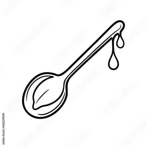 Simple line art illustration of a potion spoon with dripping liquid on a white background