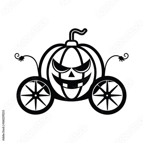 Spooky halloween pumpkin carriage with ornate line art wheels for themed designs