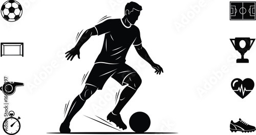 Silhouette of a soccer player dribbling a ball surrounded by soccer-related icons