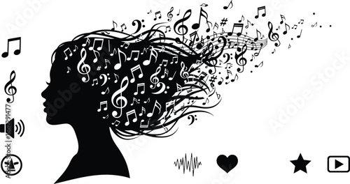 Silhouette of a woman with musical notes and symbols flowing from her hair representing the power of music and sound