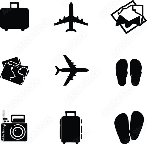 A collection of travel icons including suitcases airplanes maps camera and flip flops on a white background