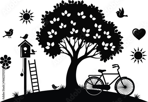 Silhouette of a tree bicycle birdhouse and other nature-related elements.