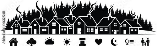 Black and white illustration of a cozy village with houses smoke and pine trees accompanied by various lifestyle icons