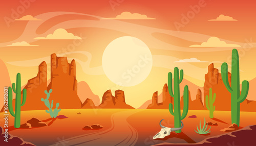 Desert landscape with antelope skull and cacti. Texas, Arizona or Mexican scenery