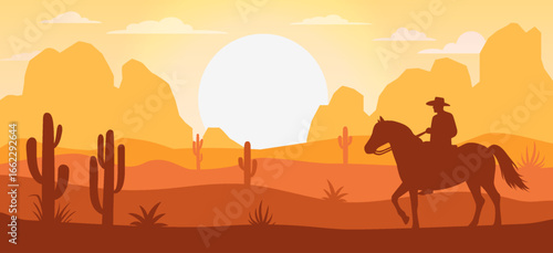 Desert landscape with cacti and cowboy. Texas, Arizona or Mexican scenery. Backdrop with silhouettes of mountains, canyons, sand dunes