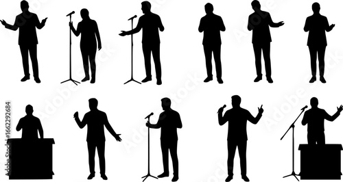 Set of talk show man with microphone in hand silhouette vector, entertainment or comedy actor on stage.