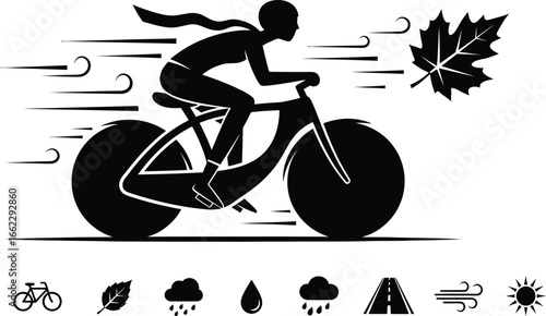 Silhouette of a cyclist enjoying a fast ride on a bicycle with autumn leaves and weather icons
